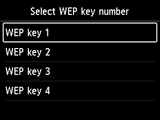 WEP key number selection screen