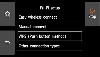 Wi-Fi setup screen: Select WPS (Push button method)