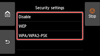 Security settings screen