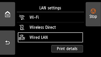 LAN settings screen: Select Wired LAN