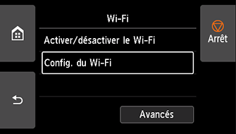 Écran Wi-Fi&nbsp;: sélectionnez Config. du Wi-Fi