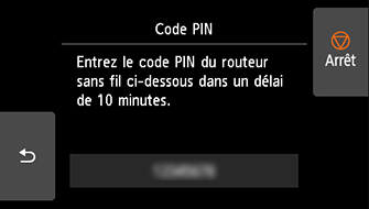 Écran WPS (Code PIN)&nbsp;: Entrez le code PIN du routeur sans fil ci-dessous dans un délai de 10 minutes.