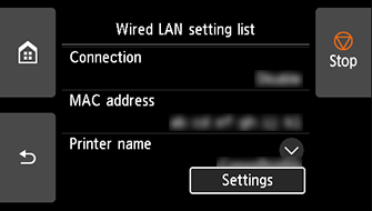 Tela Lista de config. LAN com fio: selecione Configurações