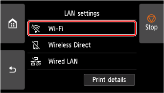 Pantalla Configuración de LAN: seleccionar Wi-Fi