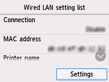 Bildschirm „Liste d. drahtgeb. LAN-Einst.”: „Einstellung.” auswählen