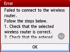 Error screen: Failed to connect to the wireless router.