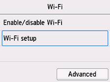 Wi-Fi screen: Select Wi-Fi setup