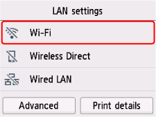 Pantalla Configuración de LAN: seleccionar Wi-Fi