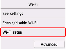 Wi-Fi screen: Select Wi-Fi setup
