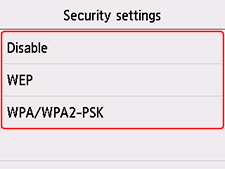 Security settings screen