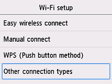 Pantalla Configuración Wi-Fi: seleccionar Otros tipos de conexión