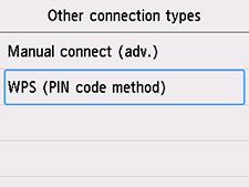 Pantalla Otros tipos de conexión: seleccionar WPS (método de código PIN)
