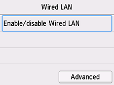Pantalla LAN cableada: seleccionar Activar/desactivar LAN cableada