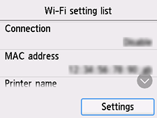 Écran Liste param. Wi-Fi : sélectionnez Paramètres