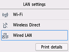 Schermata Impostazioni LAN: Selezionare LAN wired