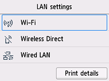 Tela Configurações da LAN: Selecione Wi-Fi