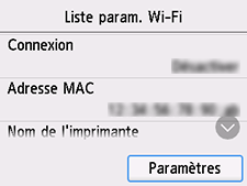 Écran Liste param. Wi-Fi&nbsp;: sélectionnez Paramètres