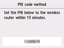 Bildschirm „WPS (PIN-Code-Methode)”: Geben Sie unten innerhalb von 10 Minuten die PIN des Wireless Routers ein.