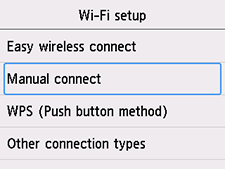 Wi-Fi setup screen: Select Manual connect