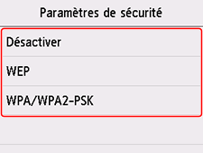 Écran Paramètres de sécurité