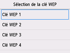 Écran Sélection de la clé WEP