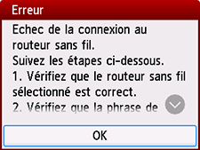 Écran Erreur : Echec de la connexion au routeur sans fil.