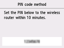 Экран «WPS (способ PIN-кода)»: «Введите PIN-код, указанный ниже, на маршрутизаторе беспровод. сети в теч. 10 мин.»