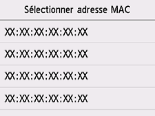 Écran Sélectionner adresse MAC