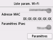 Écran Liste param. Wi-Fi