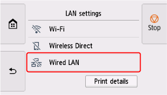 LAN settings screen: Select Wired LAN