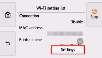 Wi-Fi screen: Select Settings