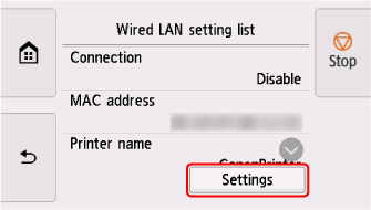 Wired LAN screen: Select Settings