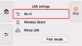 Pantalla Configuración de LAN: seleccionar Wi-Fi