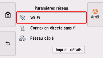 Écran Paramètres réseau&nbsp;: sélectionnez Wi-Fi
