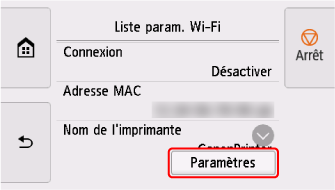 Écran Wi-Fi : Sélectionnez Paramètres