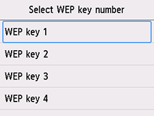 Select WEP key number screen