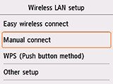 Obrazovka Nastavení bezdrát. sítě LAN: Vyberte možnost Ruční připojení