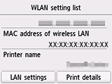 Obrazovka Seznam nastavení WLAN