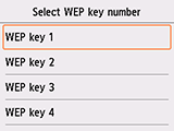 Pantalla de selección de número de clave WEP