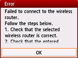 Pantalla de error: Error al conectar con el router inalámbrico.