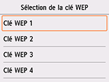 Écran de sélection de la clé WEP