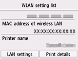 WLAN parametrų sąrašo ekranas