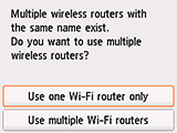 Obrazovka výberu bezdrôtového smerovača: výber položky Používať 1 smer. Wi-Fi