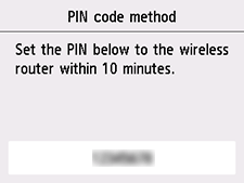 WPS (PIN code method) screen: Set the PIN below to the wireless router within 10 minutes.