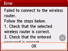 Error screen: Failed to connect to the wireless router.