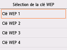 Écran Sélection de la clé WEP