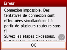 Écran d'erreur : Connexion impossible. Des tentatives de connexion sont effectuées simultanément à partir de plusieurs routeurs sans fil.