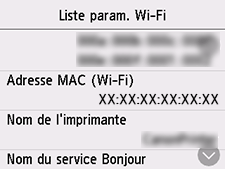 Écran Liste param. Wi-Fi