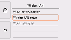 Obrazovka Bezdrátová síť LAN: Výběr možnosti Nastavení bezdrát. sítě LAN