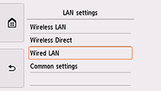 Obrazovka Nastavení sítě LAN: Výběr možnosti Kabelová síť LAN